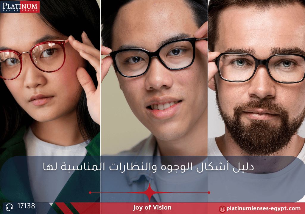 صورة توضيحية لأشكال الوجوه المختلفة (بيضاوي، مستطيل، دائري، قلبي) مع أمثلة للنظارات المناسبة لكل شكل.