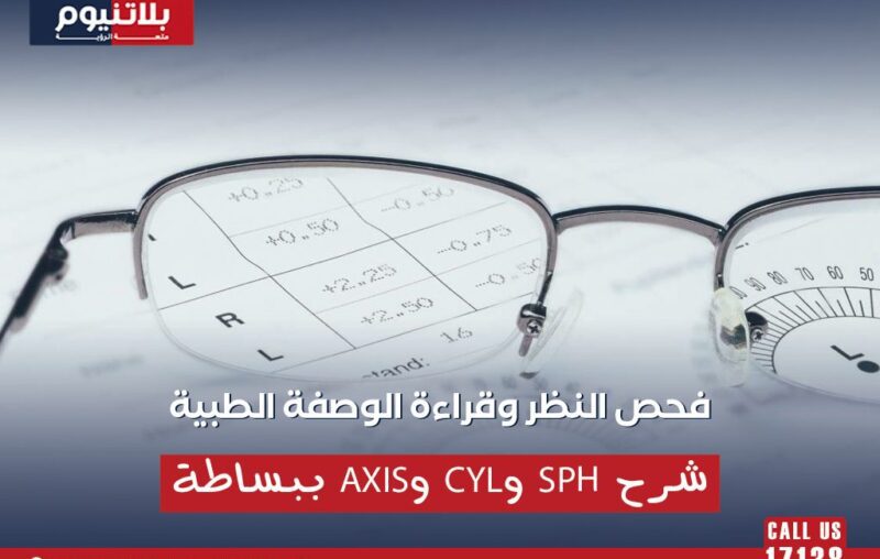 نظارة طبية فوق وصفة فحص نظر توضح شرح رموز SPH وCYL وAxis بطريقة بسيطة.