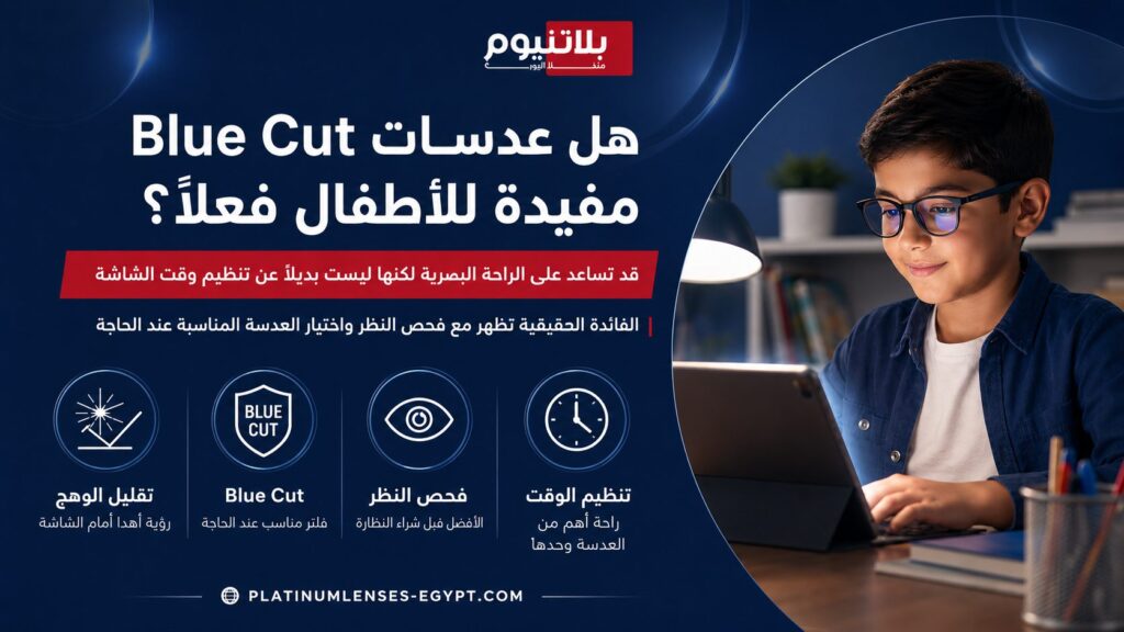 صورة توضح دور عدسات Blue Cut للأطفال في تقليل الوهج وتحسين الراحة البصرية أثناء استخدام الشاشات، مع التأكيد على أهمية فحص النظر وتنظيم وقت الشاشة.